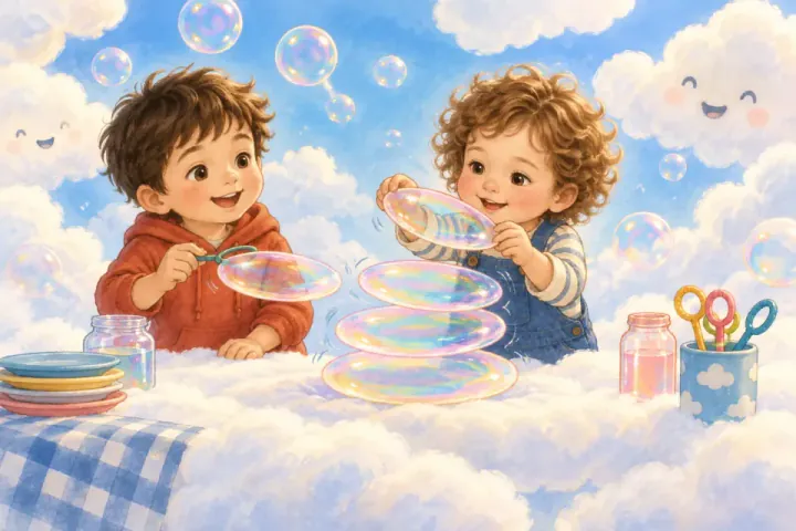 Luca and Sophia stack shimmering pancake-shaped bubbles into a wobbly tower.
