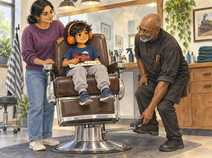 Ray presses the chair’s pedal as Dev sits up high in his orange headphones, Little Red and the card on his lap, with Mom right beside him.