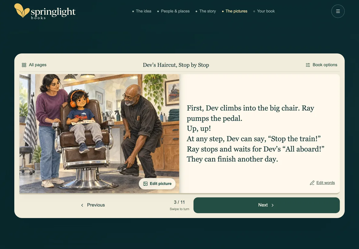 The bookmaker’s page reader on an iPad: spread 3 of Dev’s Haircut, Stop by Stop, with the picture, the words and a control to ask for a change.